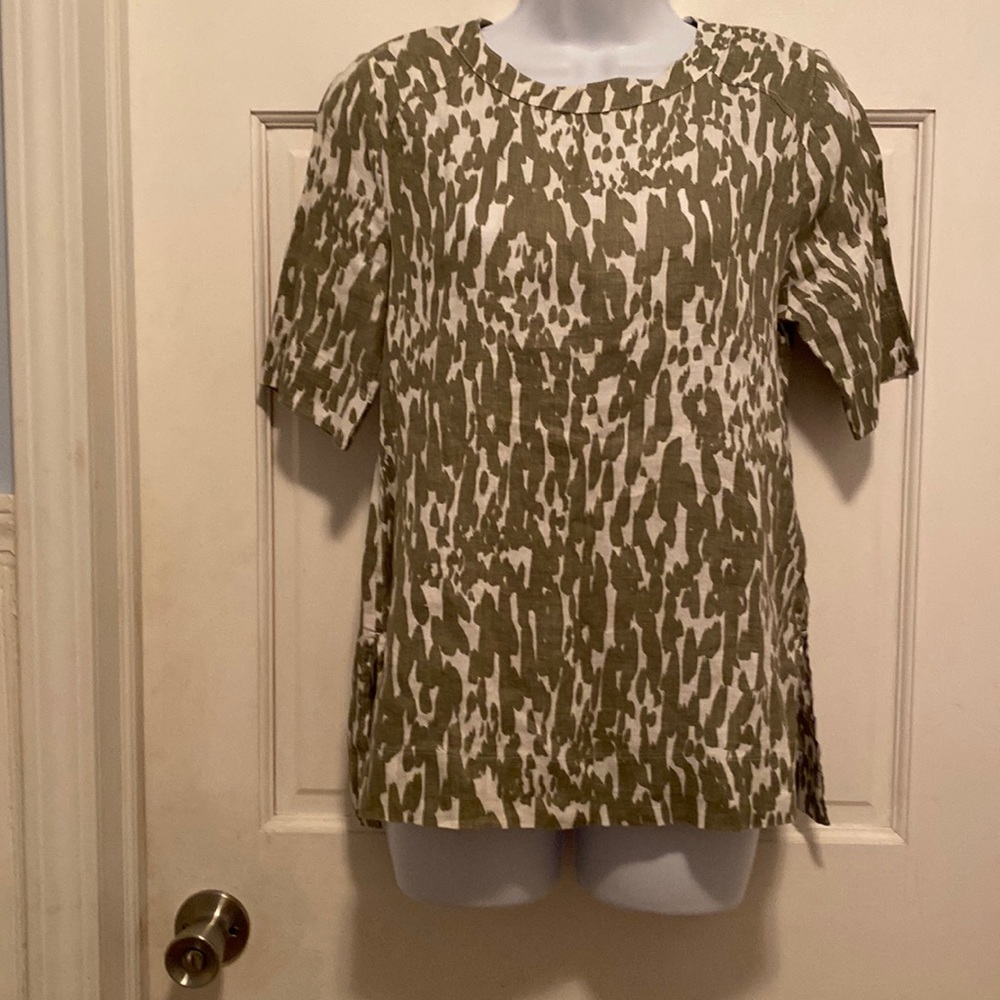Pure Linen Sage/Cream Print 100% Linen Short Sleeve Shirt Size 6